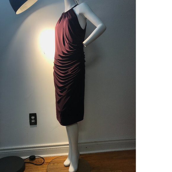 Le Chateau Dark Wine Red Gold Formal Cocktail Drape Halter Neck Bodycon … - Picture 1 of 6